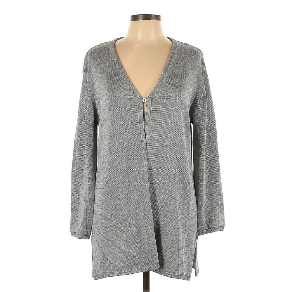 Worth Silver Gray Cardigan Hip Length 1 Button‎ Neutral Minimalist Holiday Large